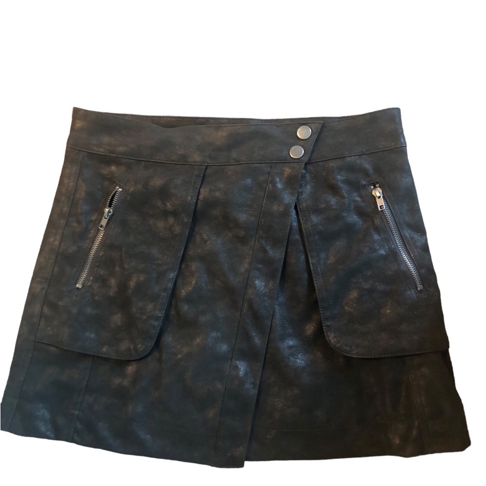 21 Saints Faux Leather Mini Wrap Skirt Sz L Marked Leather Look Zip Pockets Fall